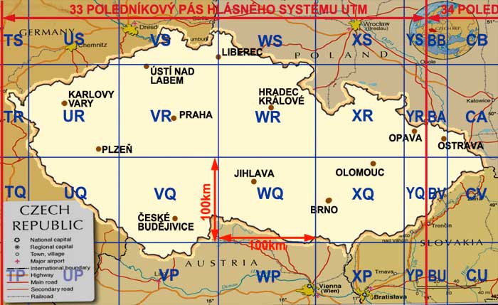 MGRS (WGS 84) značení čtverců 100 x 100 km Czech Republic